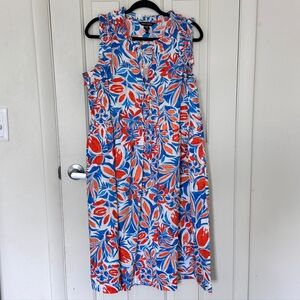 Maggy London Sleeveless Ruffle V-Neck Dress Blue Orange Floral Print Size 14